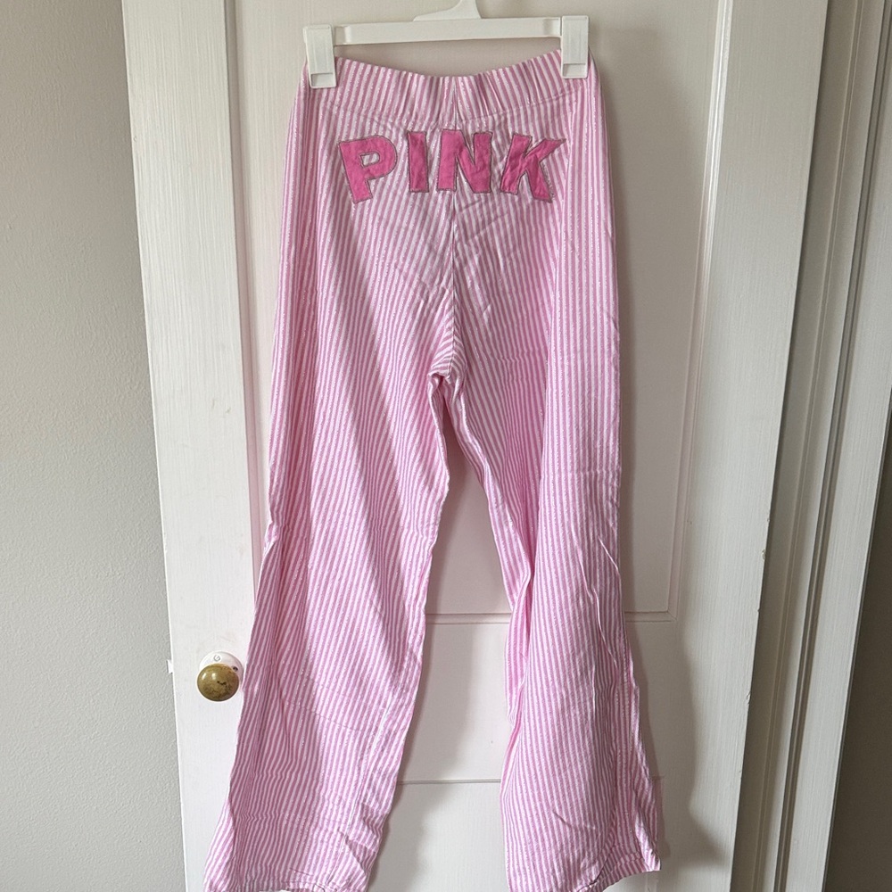 PINK Victoria's Secret Light Pink Striped Pajama Bottoms with Logo